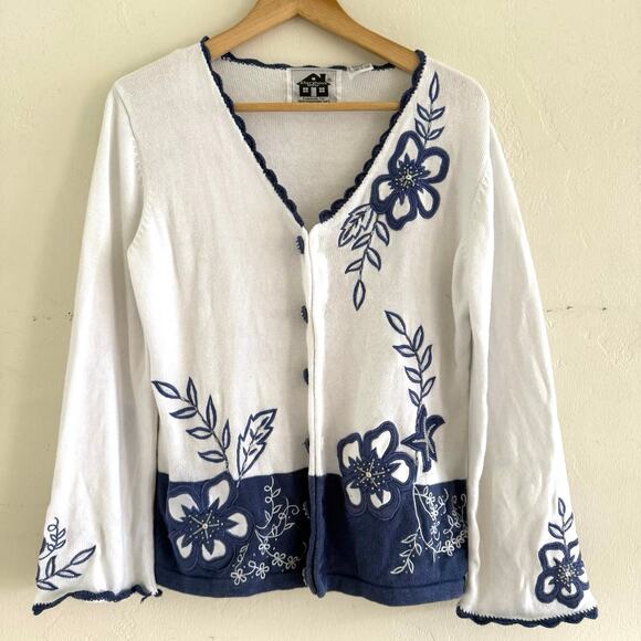 Storybook Knits Sweaters - Storybook Knits Rare Vintage White Blue Flowers Cardigan Embroidered Beaded XS